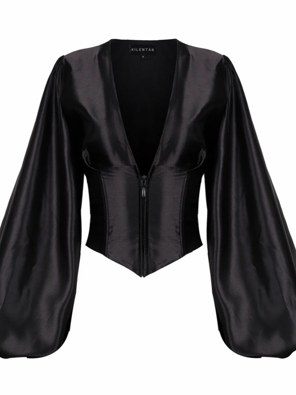 Black Satin Long Sleeve Corset Blouse - KILENTAR